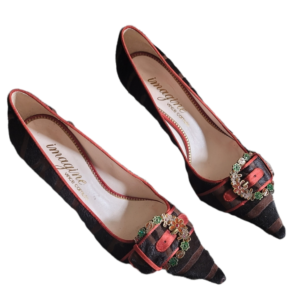 Vince Camuto Imagine Vintage Brown Calf Hair Pointed Toe BOHO Heels 6